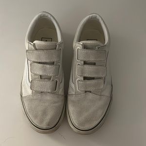 White and grey suede velcro vans, size 8